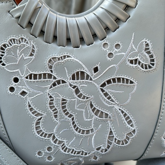 Patricia Nash Fall Lace Leather Lyon Satchel Crossbody Formal Grey - Picture 5 of 8